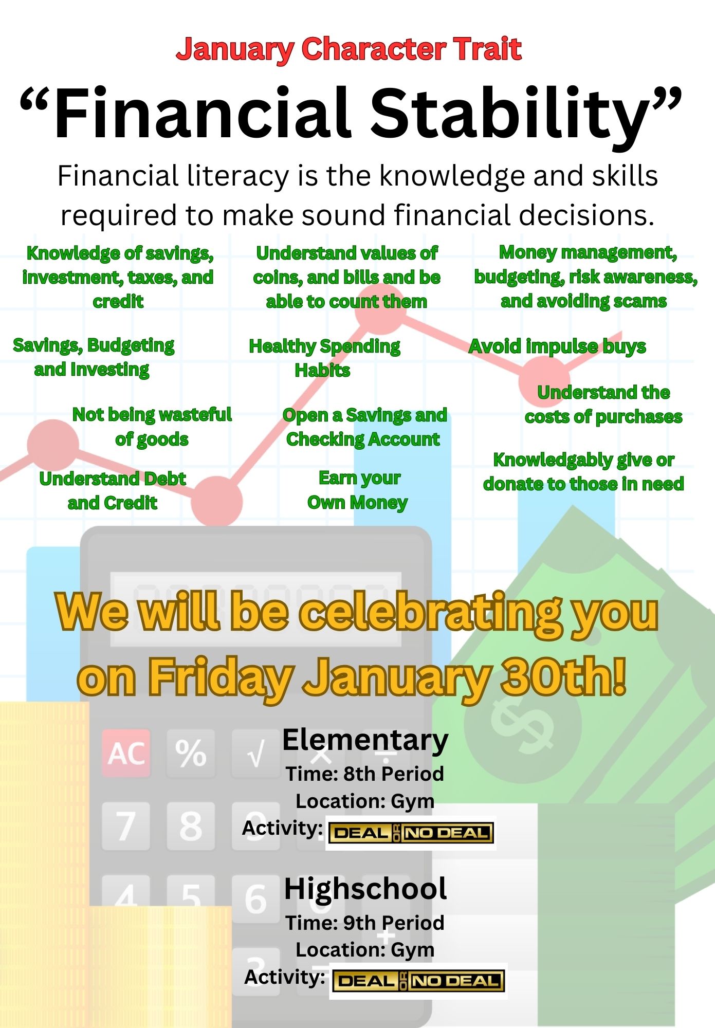 Financial Stability event flyer for Character Recognition with calculator and financial background images